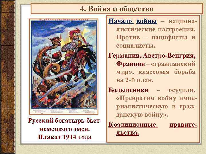 4. Война и общество Русский богатырь бьет немецкого змея. Плакат 1914 года Начало войны