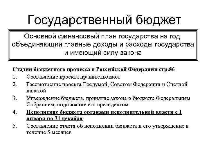 Основной финансовый план государства на текущий год имеющий силу закона это