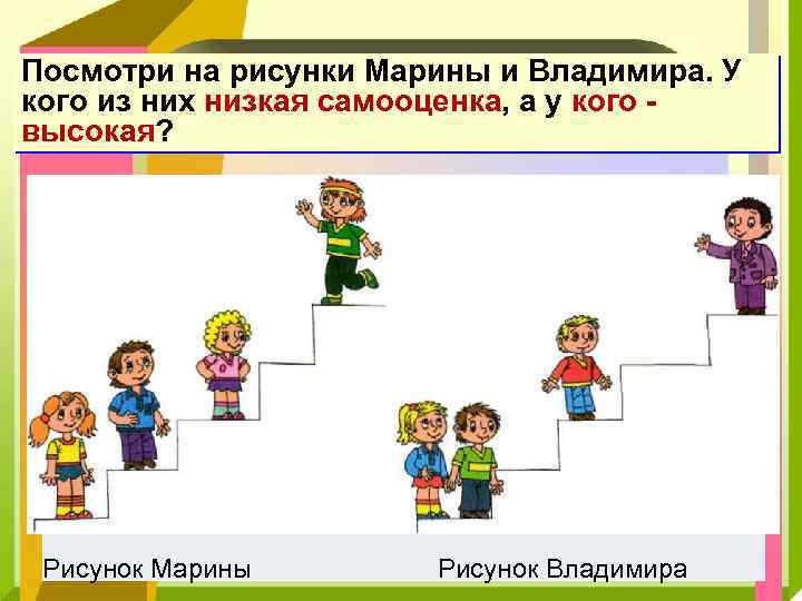 Посмотри на рисунки Марины и Владимира. У кого из них низкая самооценка, а у