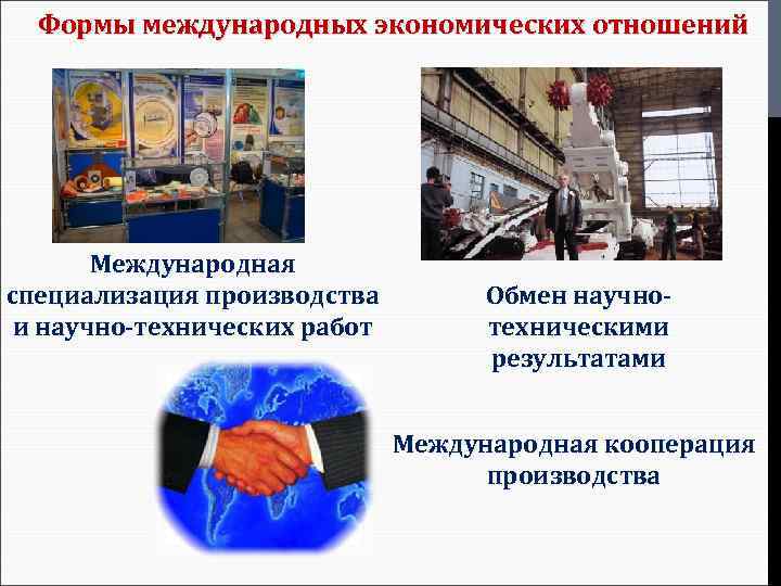 Формы международных экономических отношений Международная специализация производства и научно-технических работ Обмен научнотехническими результатами Международная