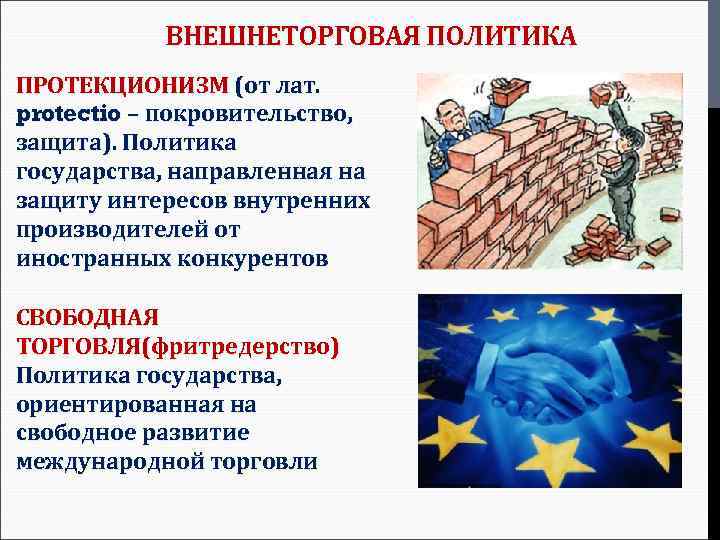 ВНЕШНЕТОРГОВАЯ ПОЛИТИКА ПРОТЕКЦИОНИЗМ (от лат. protectio – покровительство, защита). Политика государства, направленная на защиту