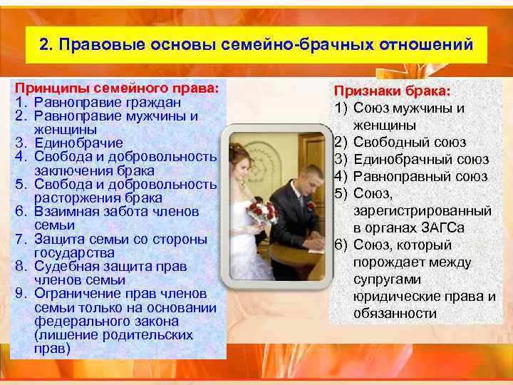 2. Правовые основы семейно-брачных отношений Принципы семейного права: 1. Равноправие граждан 2. Равноправие мужчины