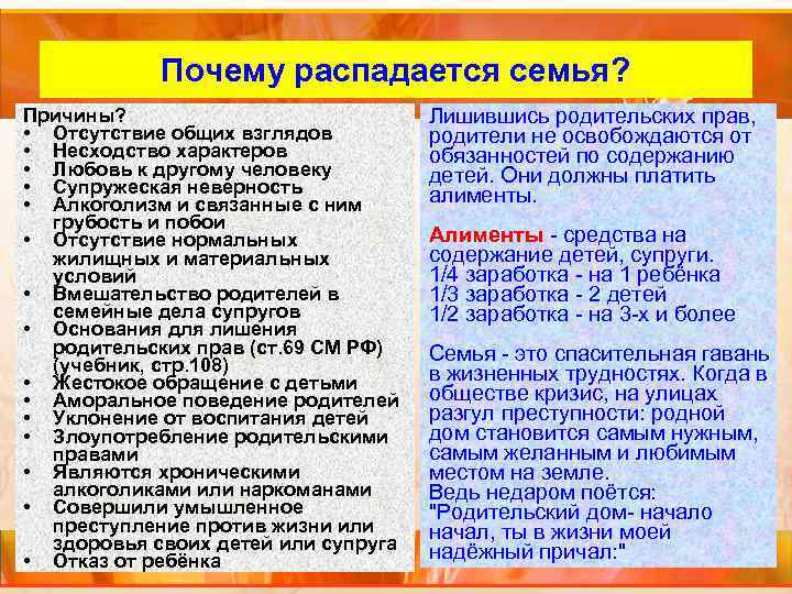 Внутренний слайд Почему распадается семья? Причины? • Отсутствие общих взглядов • Несходство характеров •