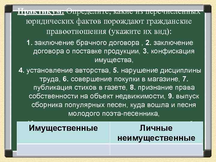 Практикум: Определите, какие из перечисленных юридических фактов порождают гражданские правоотношения (укажите их вид): 1.