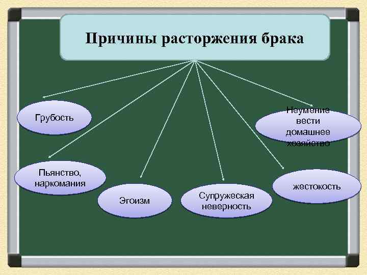 Причины расторжения брака Неумение вести домашнее хозяйство Грубость Пьянство, наркомания Эгоизм Супружеская неверность жестокость