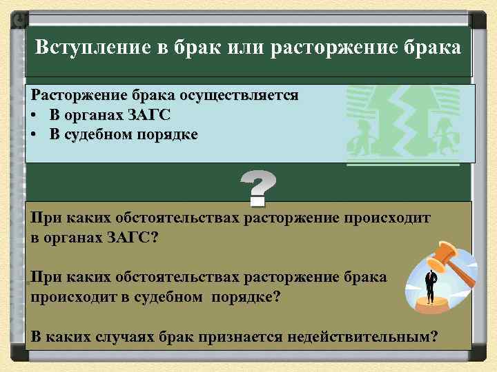 Вступление в брак или расторжение брака Расторжение брака осуществляется • В органах ЗАГС •