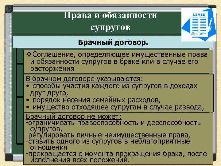 Права и обязанности супругов Брачный договор. v. Соглашение, определяющее имущественные права и обязанности супругов