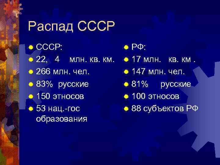 Распад СССР ® СССР: ® РФ: ® 22, 4 млн. кв. км. ® 17