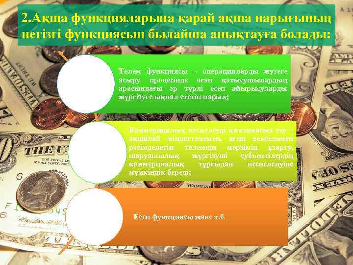 2. Ақша функцияларына қарай ақша нарығының негізгі функциясын былайша анықтауға болады: Төлем функциясы –