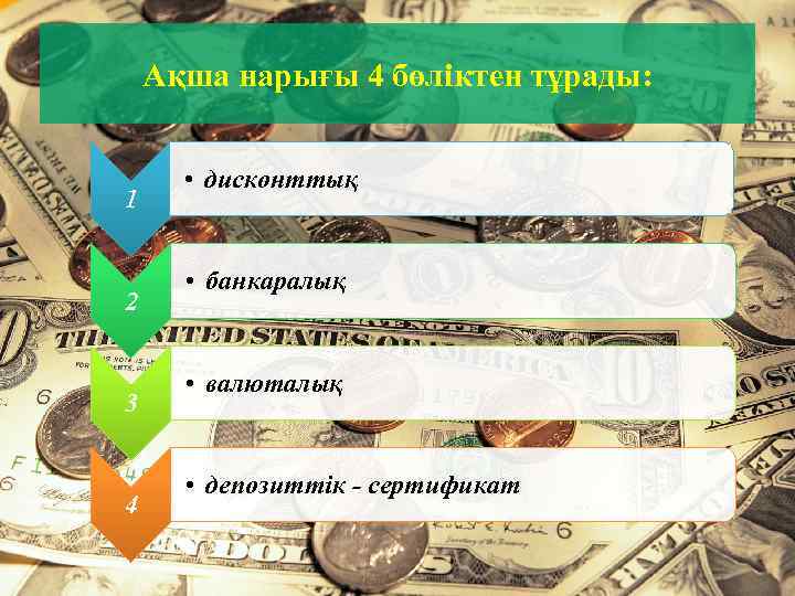 Ақша нарығы 4 бөліктен тұрады: 1 2 3 4 • дисконттық • банкаралық •