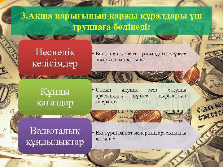 3. Ақша нарығының қаржы құралдары үш группаға бөлінеді: Несиелік келісімдер • Банк пен клиент