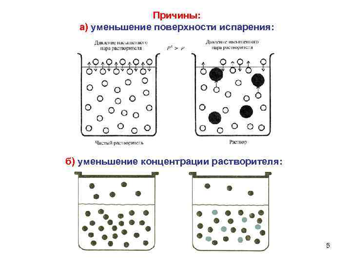 Причины: а) уменьшение поверхности испарения: б) уменьшение концентрации растворителя: 5 