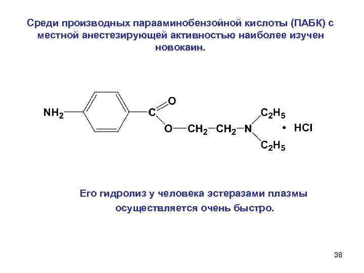 Среди производных парааминобензойной кислоты (ПАБК) с местной анестезирующей активностью наиболее изучен новокаин. Его гидролиз
