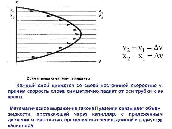 Схема вязкого течения жидкости Каждый слой движется со своей постоянной скоростью v, причем скорость