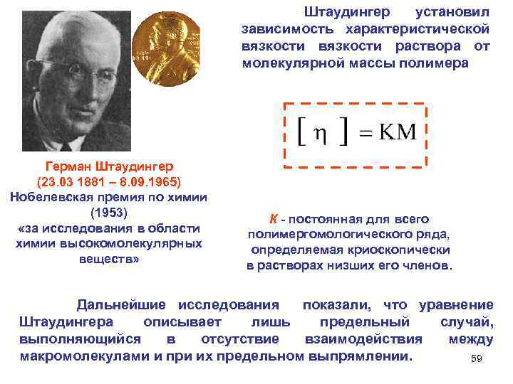  Штаудингер установил зависимость характеристической вязкости раствора от молекулярной массы полимера Герман Штаудингер (23.