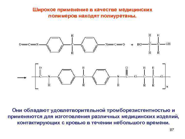 Широкое применение в качестве медицинских полимеров находят полиуретаны. Они обладают удовлетворительной тромборезистентностью и применяются