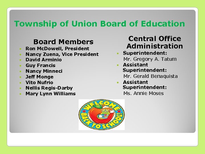 Township of Union Board of Education Central Office Administration Board Members Ron Mc. Dowell,