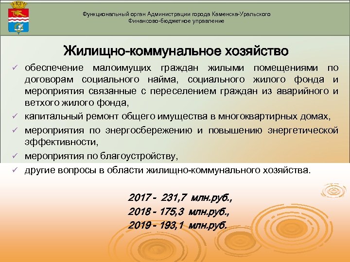 Функциональный орган Администрации города Каменска-Уральского Финансово-бюджетное управление Жилищно-коммунальное хозяйство ü ü ü обеспечение малоимущих