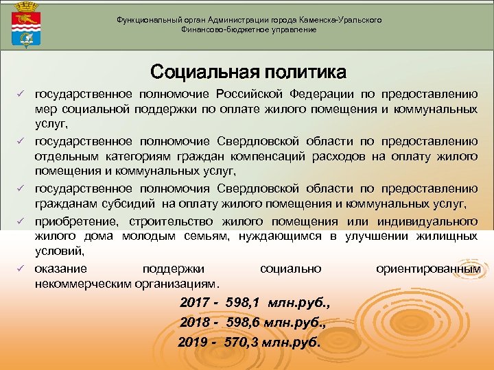 Функциональный орган Администрации города Каменска-Уральского Финансово-бюджетное управление Социальная политика ü ü ü государственное полномочие