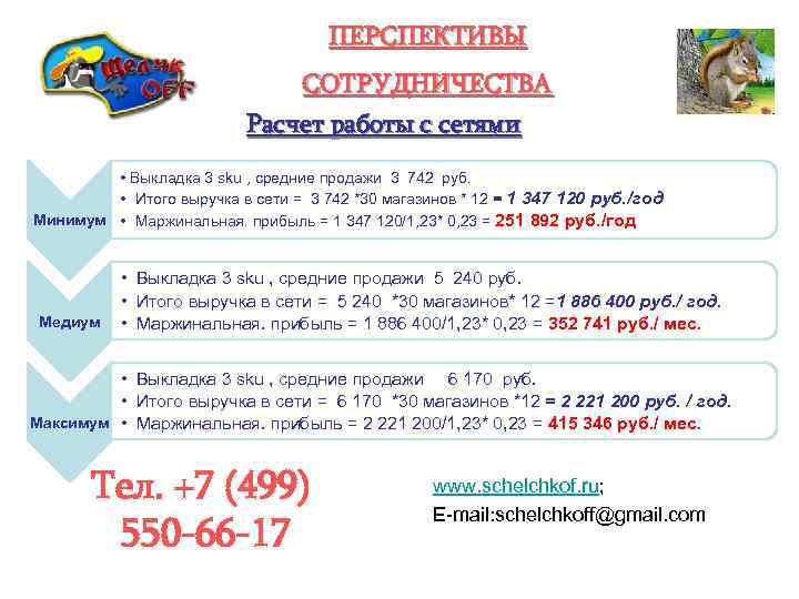 ПЕРСПЕКТИВЫ СОТРУДНИЧЕСТВА Расчет работы с сетями • Выкладка 3 sku , средние продажи 3