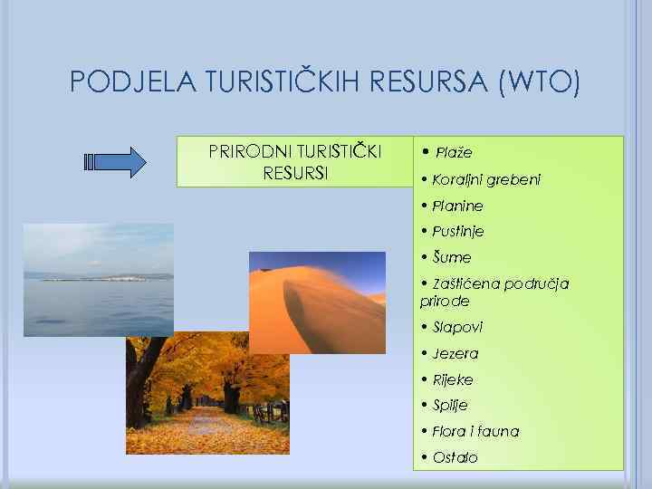 PODJELA TURISTIČKIH RESURSA (WTO) PRIRODNI TURISTIČKI RESURSI • Plaže • Koraljni grebeni • Planine