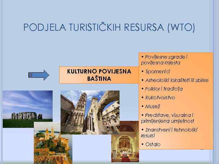 PODJELA TURISTIČKIH RESURSA (WTO) • Povijesne zgrade i povijesna mjesta KULTURNO POVIJESNA BAŠTINA •