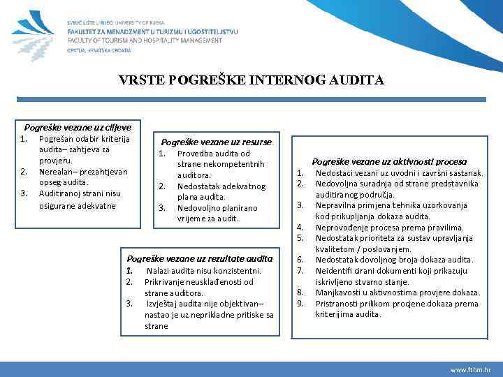 VRSTE POGREŠKE INTERNOG AUDITA Pogreške vezane uz ciljeve 1. Pogrešan odabir kriterija 2. 3.