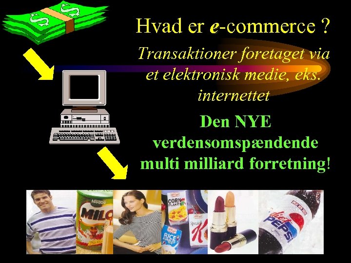 Hvad er e-commerce ? Transaktioner foretaget via et elektronisk medie, eks. internettet Den NYE