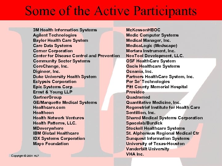 Some of the Active Participants 3 M Health Information Systems Agilent Technologies Baylor Health