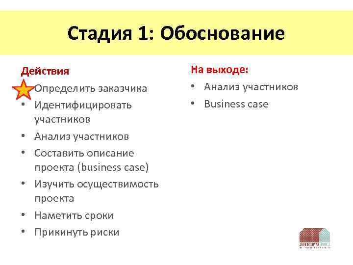 Стадия 1: Обоснование Действия • Определить заказчика • Идентифицировать участников • Анализ участников •