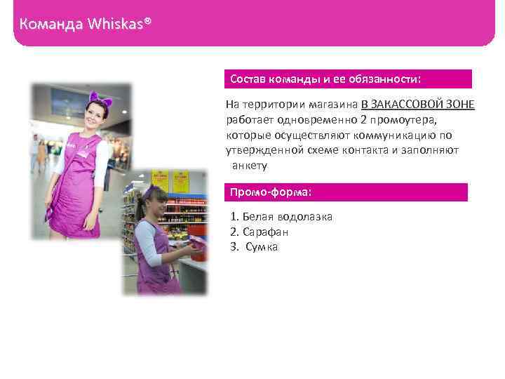Команда Whiskas® Состав команды и ее обязанности: На территории магазина В ЗАКАССОВОЙ ЗОНЕ работает