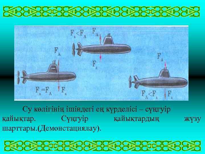  Су көлігінің ішіндегі ең күрделісі – сүңгуір қайықтар. Сүңгуір қайықтардың шарттары. (Демонстациялау). жүзу