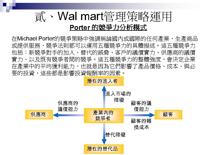 貳、Wal mart管理策略運用 Porter 的競爭力分析模式 在Michael Porter的競爭策略中強調無論國內或國際的任何產業，生產商品 或提供服務，競爭法則都可以運用五種競爭力的具體描述。這五種競爭力 包括：新競爭對手的加入、替代的威脅、客戶的議價實力、供應商的議價 實力、以及既有競爭者間的競爭。這五種競爭力的整體強度，會決定企業 在產業中的平均獲利能力，也就是因為它們影響了產品價格、成本、與必 要的投資，這些都是影響投資報酬率的因素。 潛在的進入者 供應商的 議價能力