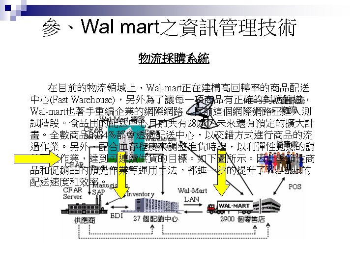 參、Wal mart之資訊管理技術 物流採購系統 在目前的物流領域上，Wal-mart正在建構高回轉率的商品配送 中心(Fast Warehouse)，另外為了讓每一項商品有正確的對應管道， Wal-mart也著手重編企業的網際網路，目前這個網際網路正進入測 試階段。食品用的配送中心目前共有28處，未來還有預定的擴大計 畫。全數商品的84%都會透過配送中心，以交錯方式進行商品的流 過作業。另外，配合庫存程度來調整進貨時程，以利彈性動態的調 整配送作業，達到可連續供貨的目標。如下圖所示。因此季節性商 品和促銷品的預先作業等運用手法，都進一步的提升了Wal-mart的 配送速度和效率。 