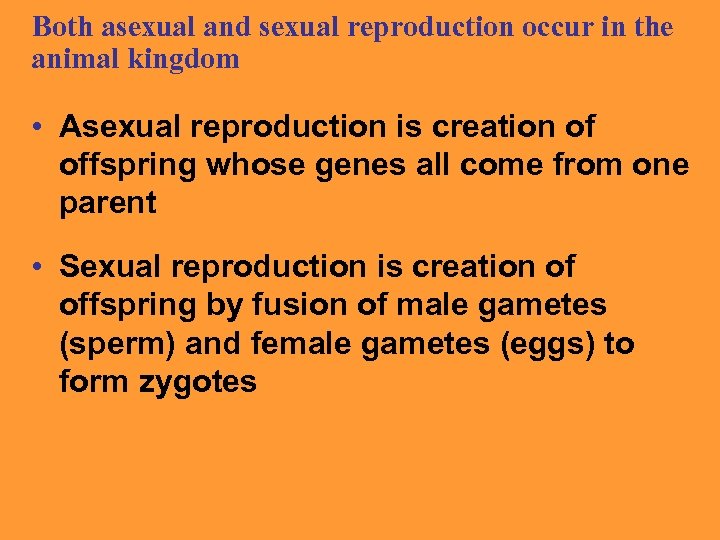 Both asexual and sexual reproduction occur in the animal kingdom • Asexual reproduction is