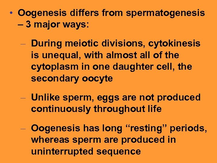  • Oogenesis differs from spermatogenesis – 3 major ways: – During meiotic divisions,