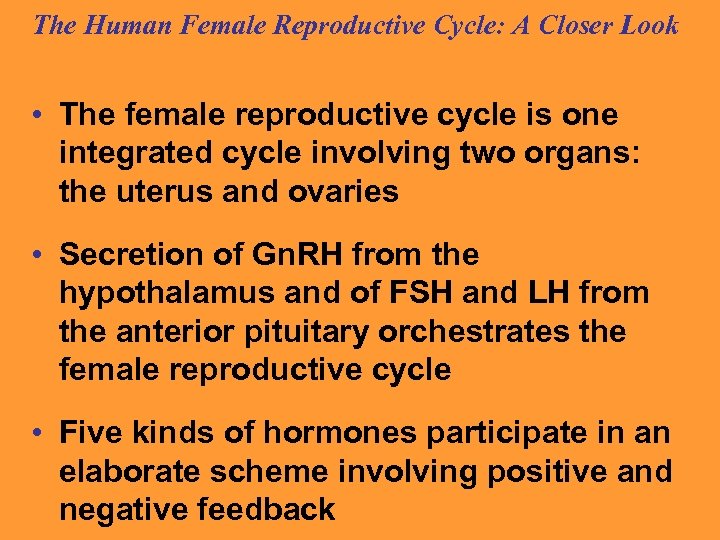 The Human Female Reproductive Cycle: A Closer Look • The female reproductive cycle is