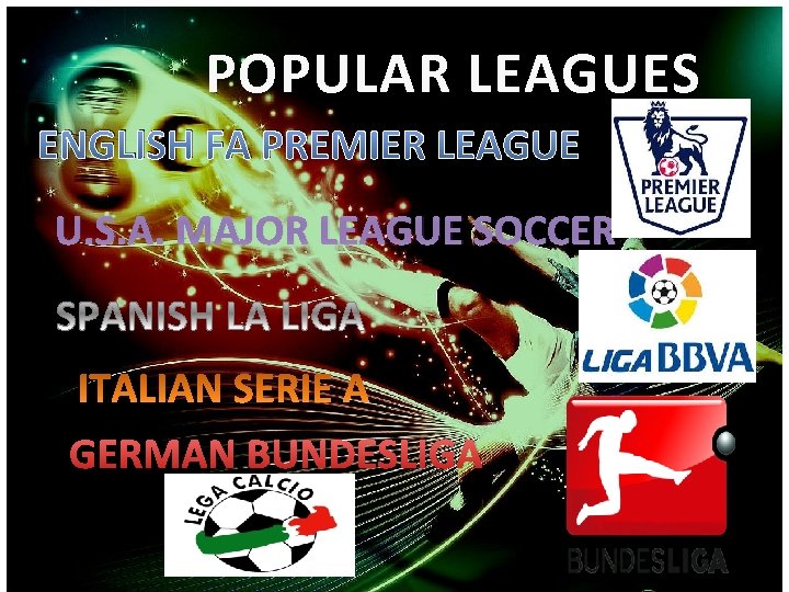 POPULAR LEAGUES ENGLISH FA PREMIER LEAGUE U. S. A. MAJOR LEAGUE SOCCER GERMAN BUNDESLIGA