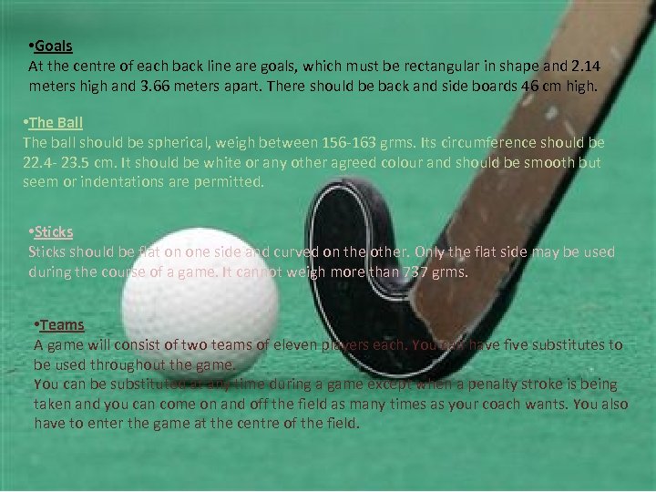  • Goals At the centre of each back line are goals, which must