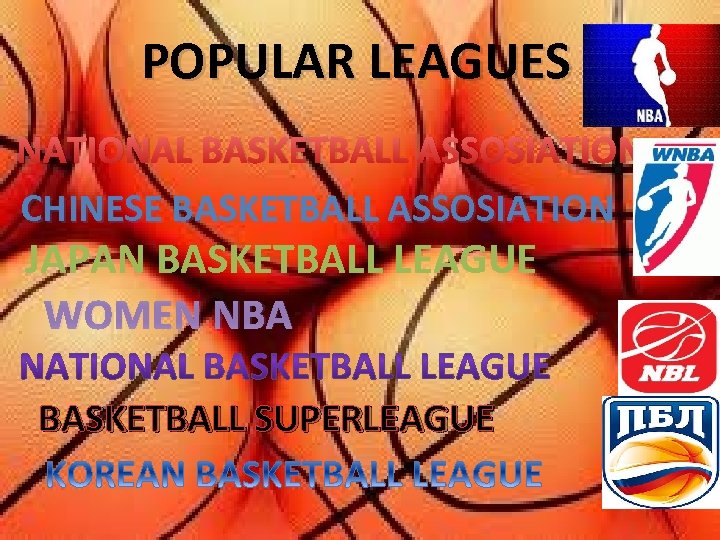 POPULAR LEAGUES NATIONAL BASKETBALL ASSOSIATION CHINESE BASKETBALL ASSOSIATION JAPAN BASKETBALL LEAGUE WOMEN NBA BASKETBALL
