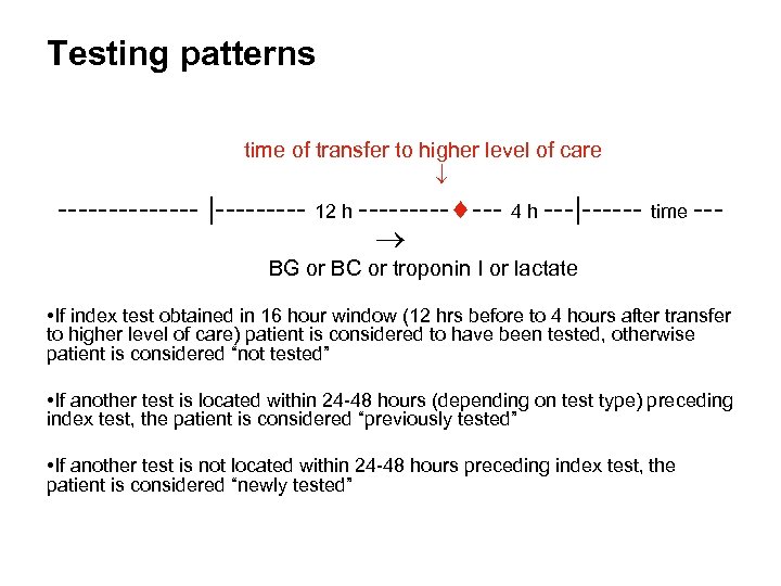 Testing patterns time of transfer to higher level of care ------- |----- 12 h
