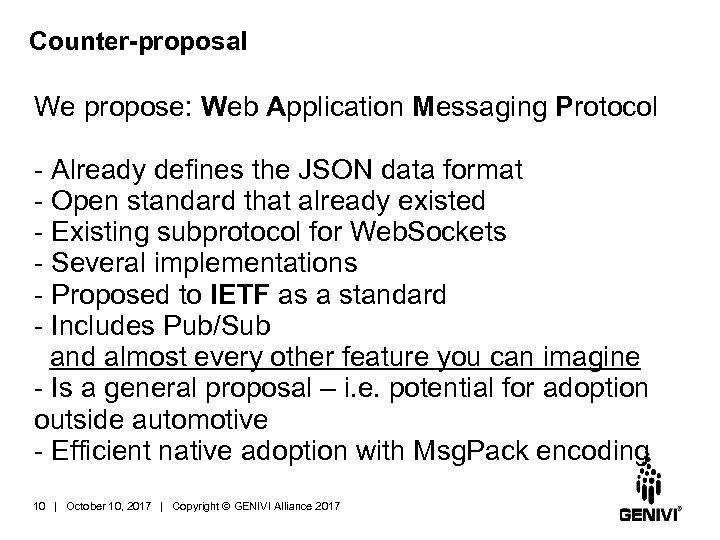 Counter-proposal We propose: Web Application Messaging Protocol - Already defines the JSON data format
