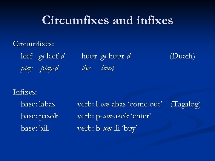 Circumfixes and infixes Circumfixes: leef ge-leef-d played Infixes: base: labas base: pasok base: bili