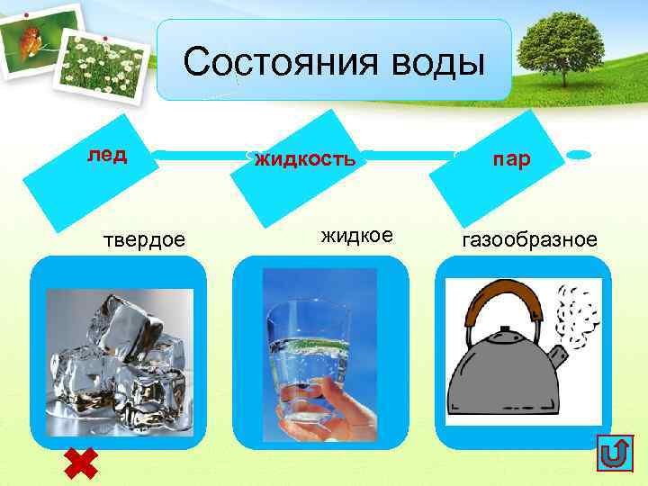 Состояния воды лед твердое жидкость жидкое пар газообразное 