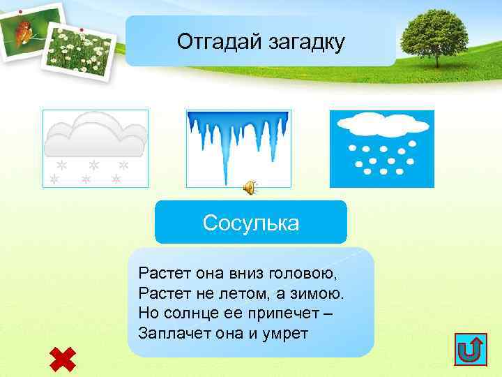 Отгадай загадку Сосулька Растет она вниз головою, Растет не летом, а зимою. Но солнце