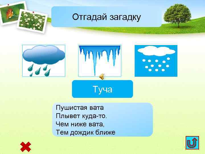 Отгадай загадку Туча Пушистая вата Плывет куда-то. Чем ниже вата, Тем дождик ближе 