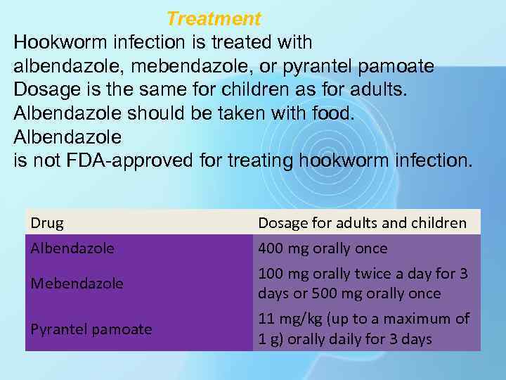 Treatment Hookworm infection is treated with albendazole, mebendazole, or pyrantel pamoate Dosage is the