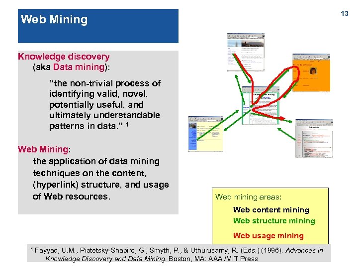 13 Web Mining Knowledge discovery (aka Data mining): “the non-trivial process of identifying valid,