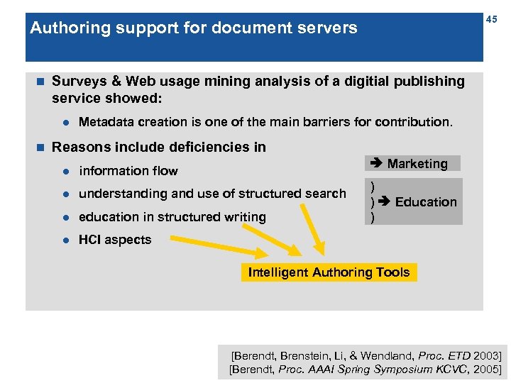 45 Authoring support for document servers n Surveys & Web usage mining analysis of