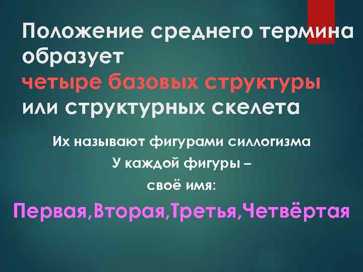 Положение среднего термина образует четыре базовых структуры или структурных скелета Их называют фигурами силлогизма
